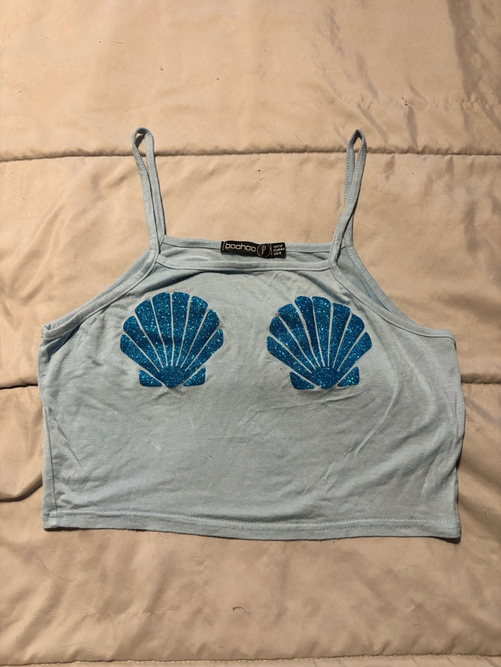 Boohoo Light Blue Cami with Glittery Blue Shell Appliqués